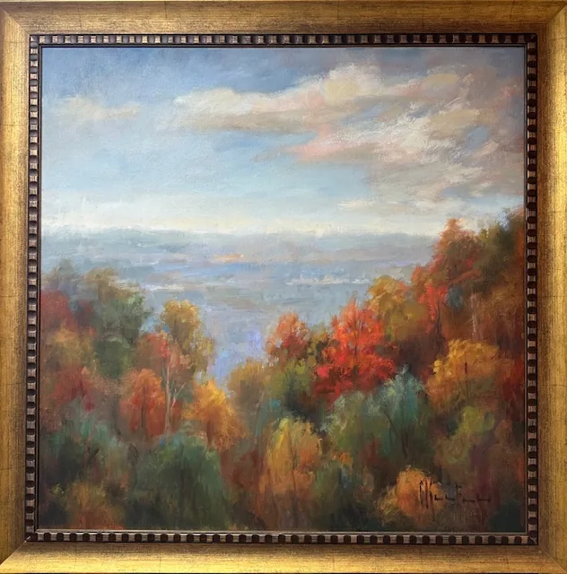 An original oil of autumn hills in orange and red above a blue valley, in an ornate gold and black frame