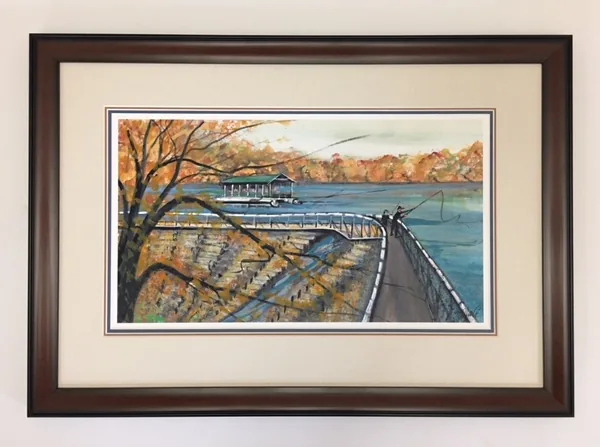 P. Buckley Moss print of Bays Mountain Park in a dark wood frame with a cream mat and a thin red inner mat