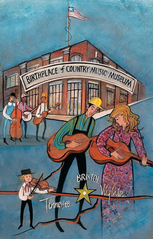 P. Buckley Moss print of musicians with guitars and a fiddle in front of the Birthplace of Country Music Museum building in Bristol