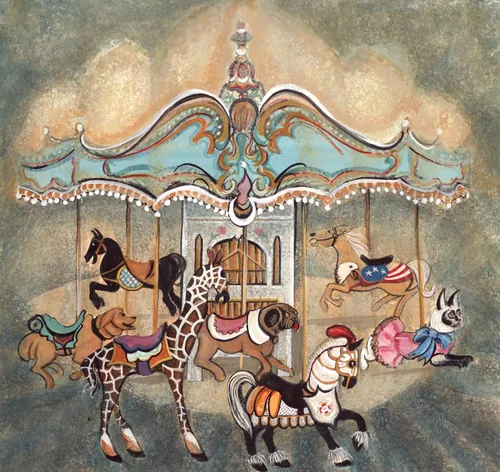 P. Buckley Moss print of a carousel with painted horses, a giraffe and riders under a decorated canopy