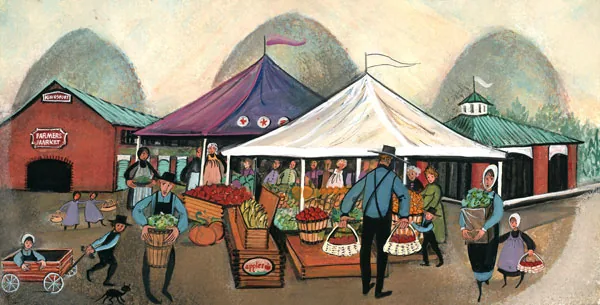 P. Buckley Moss print of the Kingsport Farmer's Market, tents and shoppers with produce