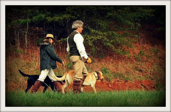 A man in a vest and a woman in a hat and field jacket walking a yellow dog and a black dog along a grassy path in front of red clay and pines