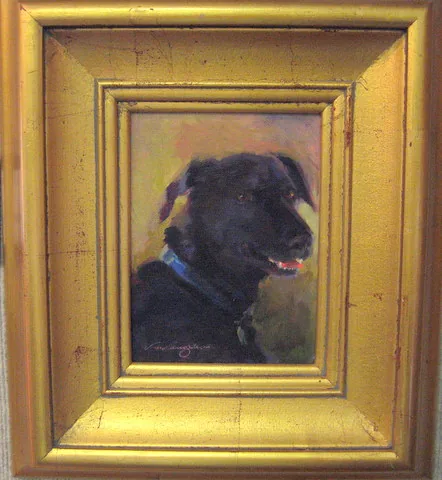 A small oil study of a black dog in a wide gold frame